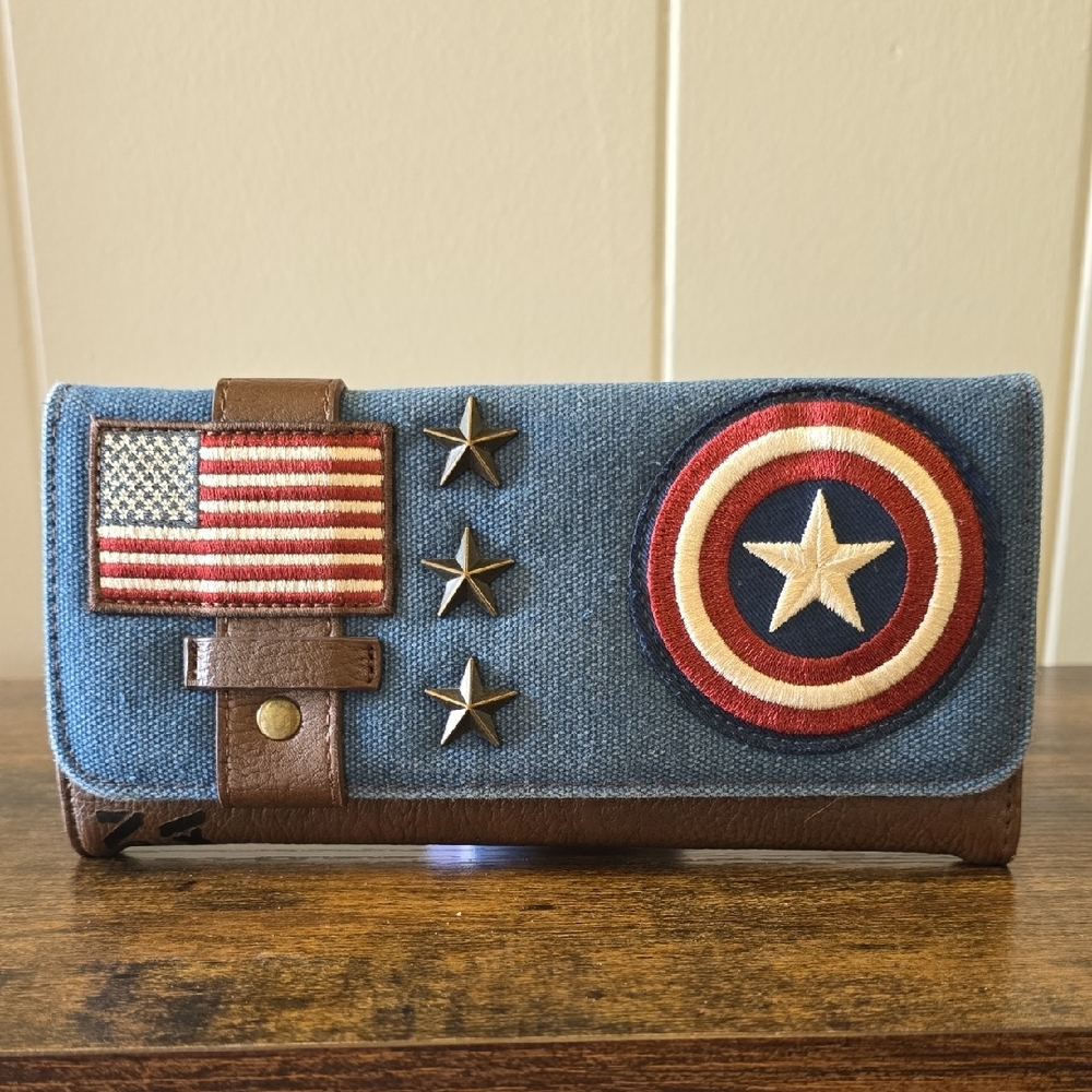 Loungefly Blue and Brown Wallet with Captain American Shield and Flag Design